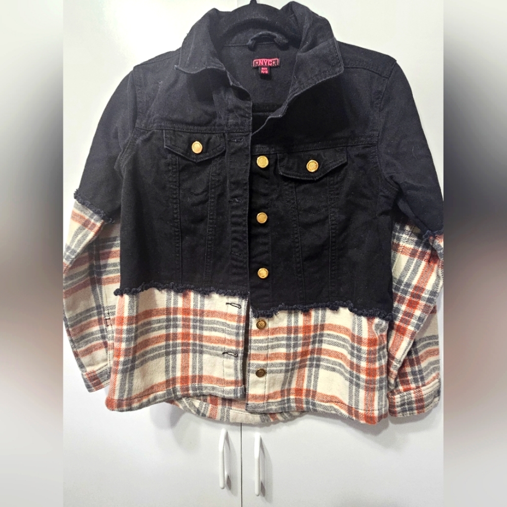 NYC black denim jacket with flannel bottom size 14/16 girls.